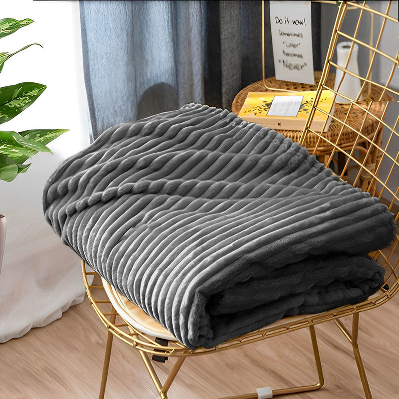 Grey Flannel Polyester Throw Blanket Warm Cozy Striped Lightweight Sofa Bed