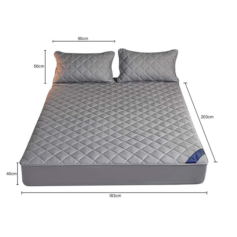 Quilted Stretch Mattress Cover Polyester 203x183x40cm Grey With 2 Pillow Covers