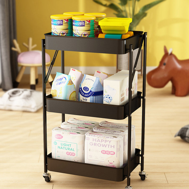 3 Tier Steel Mesh Foldable Kitchen Cart Black Wheels 10kg Per Shelf