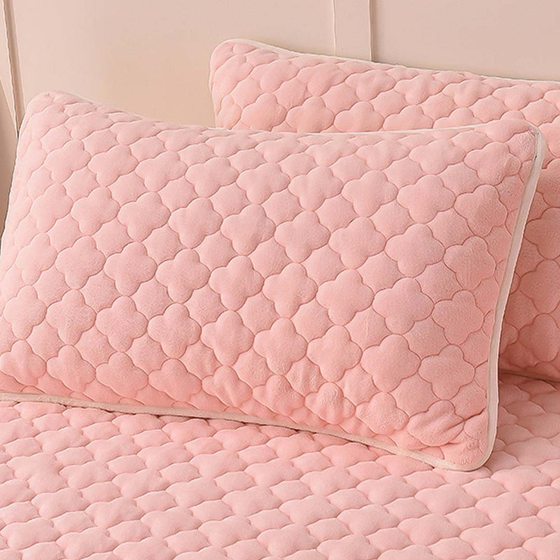 2X Pink Polyester Mattress Cover 203x153x40 Quilted Fleece With 4 Pillow Covers