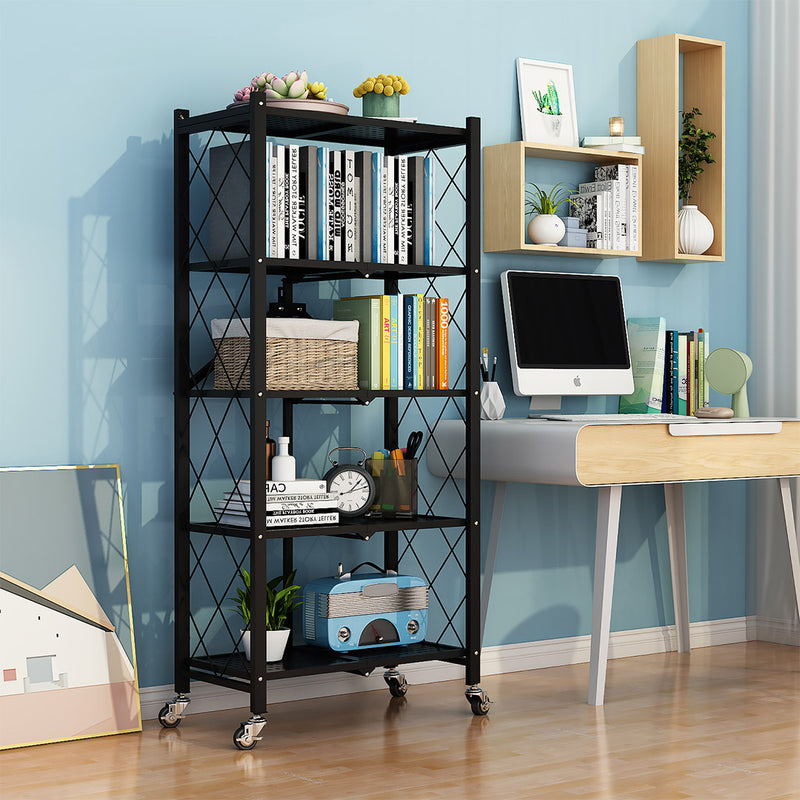 5 Tier Carbon Steel Kitchen Cart Foldable Locking Casters 20Kg Per Shelf Black