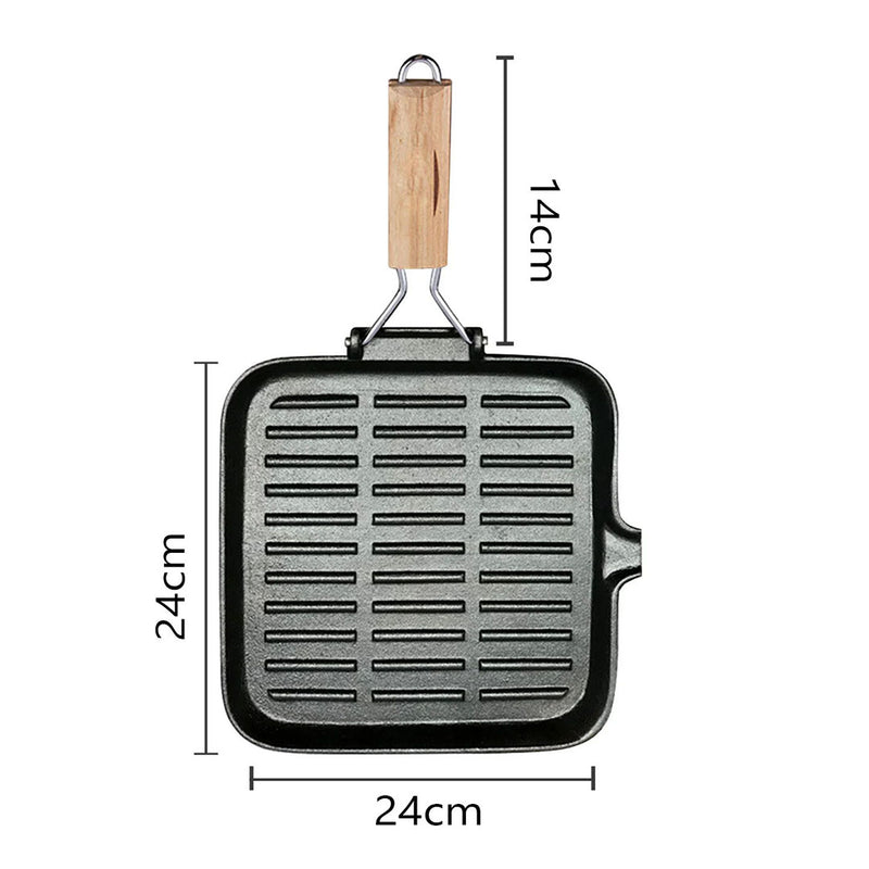 2X 24cm Cast Iron Square Grill Pan Ribbed Surface Folding Wooden Handle