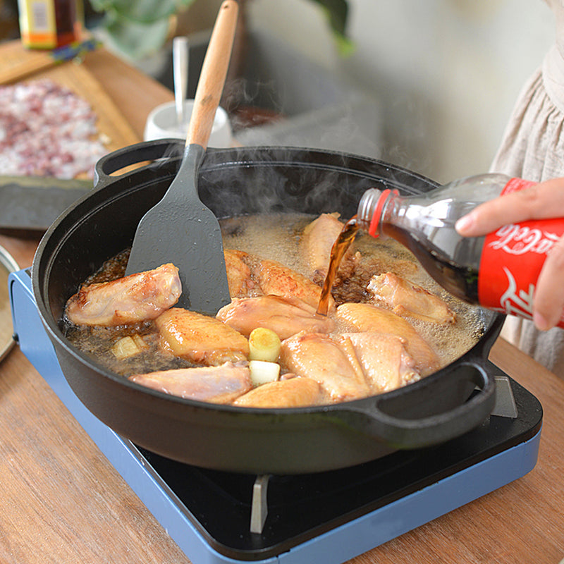 35cm Round Cast Iron Deep Pan Skillet Preseasoned Wooden Lid Black