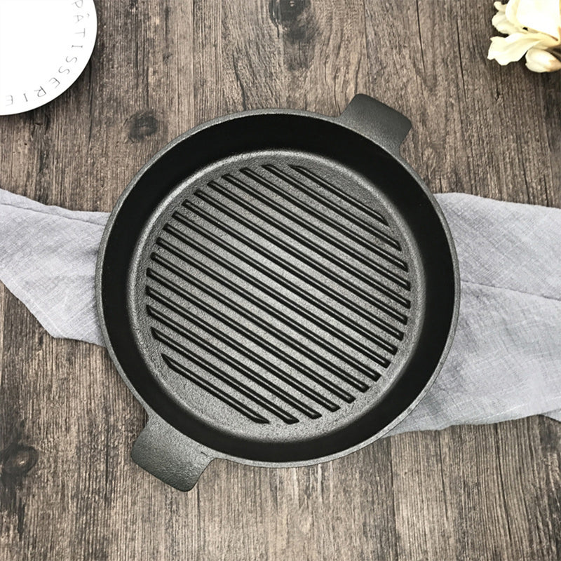 Round Ribbed Cast Iron Skillet 26cm Pre-Seasoned Non-Stick Sizzle Platter