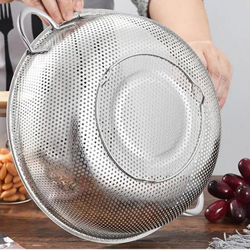 Stainless Steel Perforated Colander Set 19.5cm 22.5cm 25.5cm 2 Handle Fine Holes