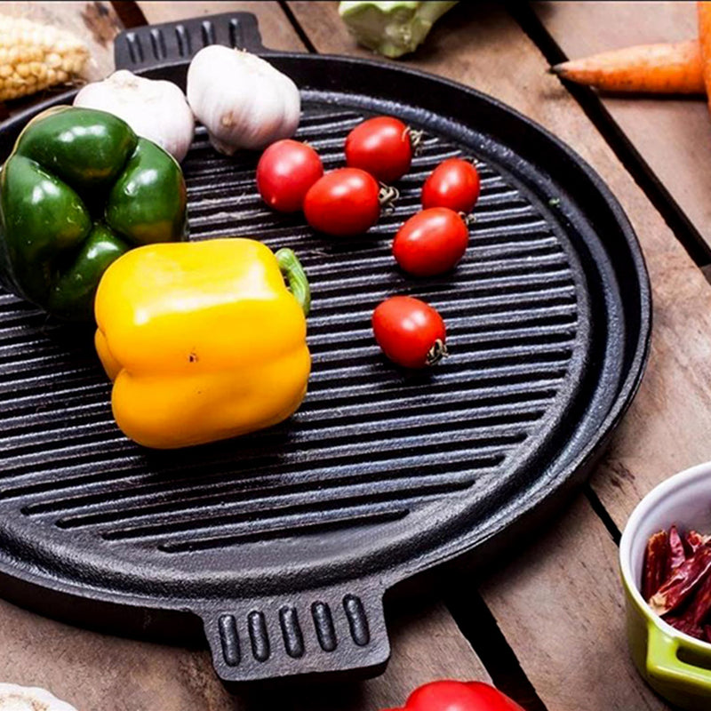 2X 43cm Round Ribbed Cast Iron Frying Pan Skillet Sizzle Platter With Handle