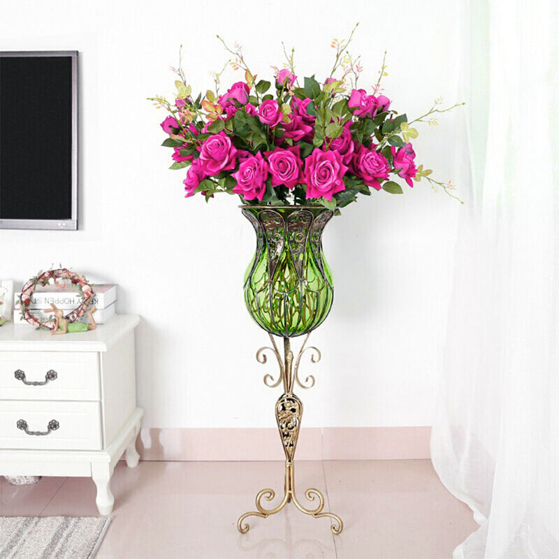 85cm Green Glass Floor Vase Gold Base With 12pcs Dark Pink Artificial Flowers