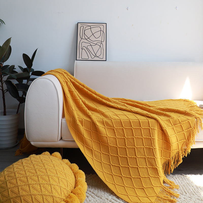2X Knitted Throw Blanket 100% Acrylic 130cmx230cm Diamond Pattern Yellow Tassels