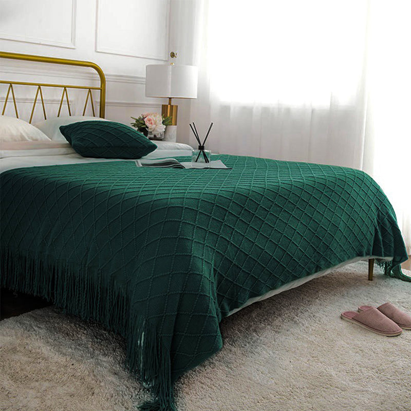 2X Green Knitted Throw Blanket Diamond Pattern 100 Acrylic 130x230cm Home Decor