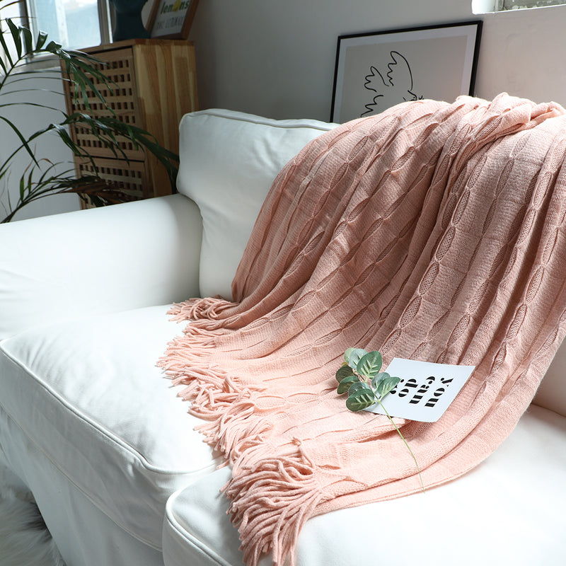 Pink Textured Knitted Throw Blanket Acrylic 130x170cm Cozy Fringes Home Decor