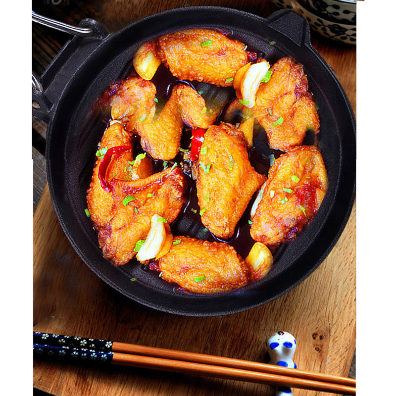 24cm Round Ribbed Cast Iron Non Stick Grill Pan Folding Wooden Handle Black