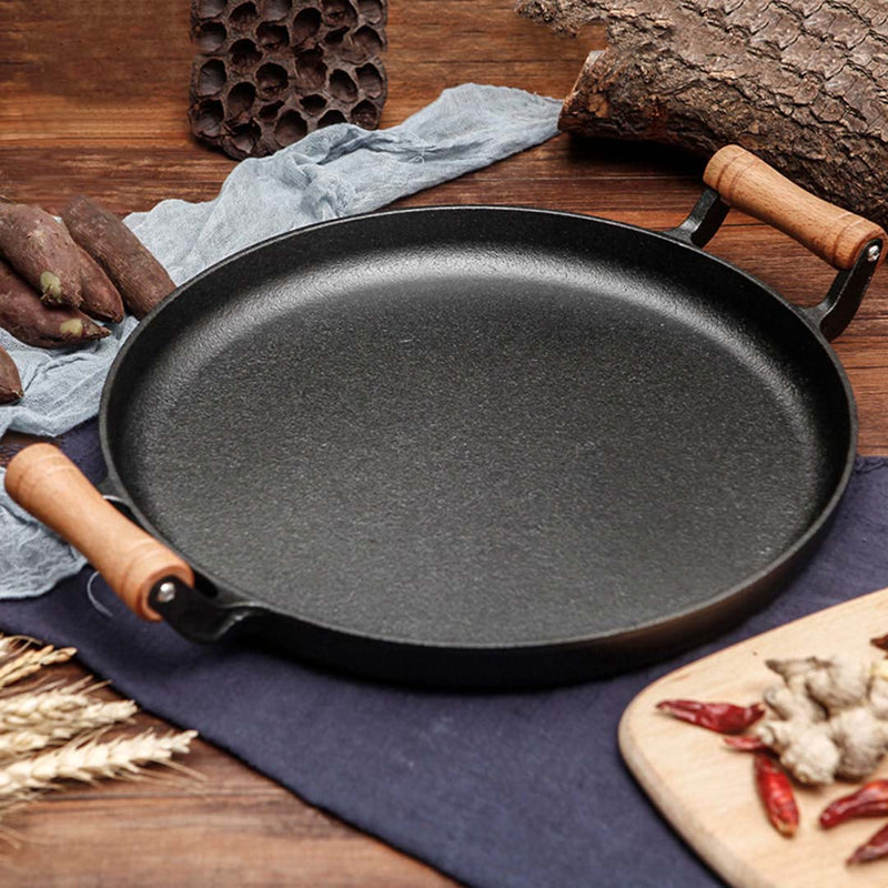 2X 35cm Cast Iron Sizzle Pan Skillet With Wooden Handle Induction Safe