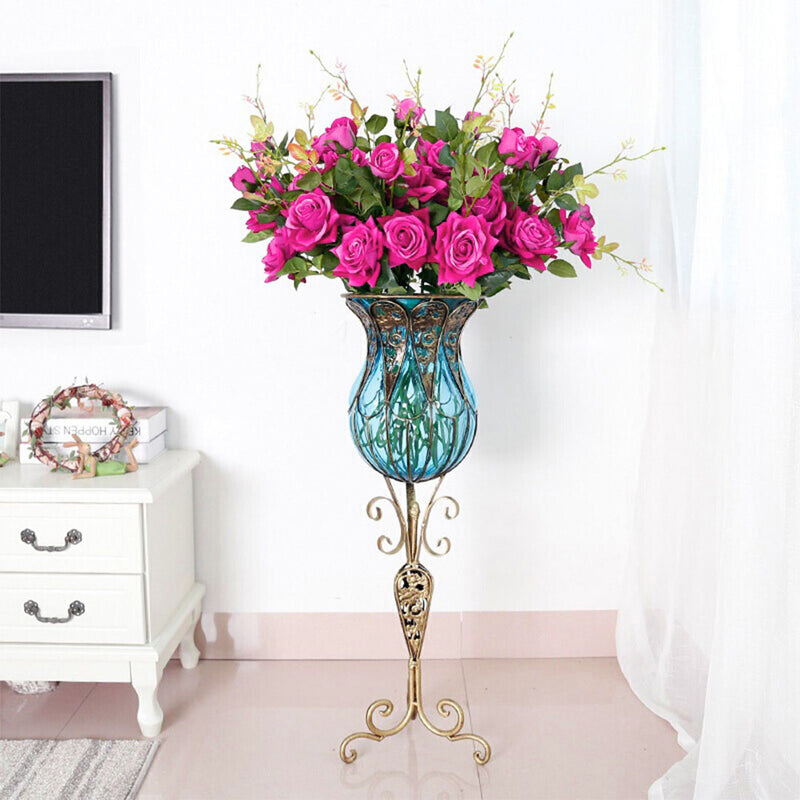 85cm Blue Glass Floor Vase Gold Metal With 12pcs Dark Pink Artificial Flowers