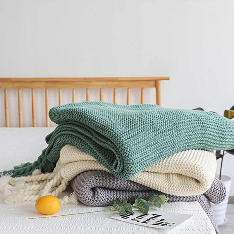 Knitted Tassel Fringe Acrylic Throw Blanket 130cmx170cm Coffee Waffle Weave Cozy