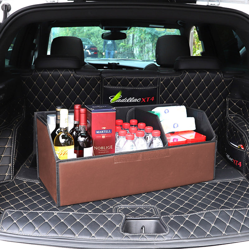 Leather Car Boot Organizer Box 55 x 30 x 30cm 10Kg Capacity Collapsible Coffee