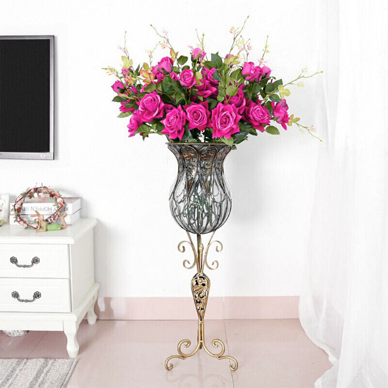 85cm Clear Glass Tall Floor Vase Gold Metal Accent With 12pcs Dark Pink Flowers