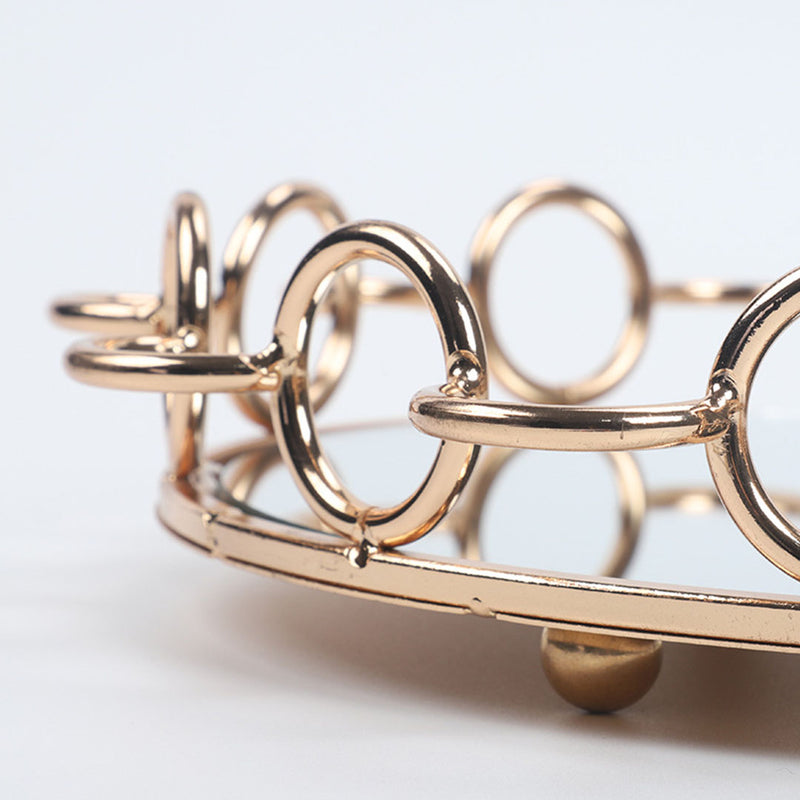 33cm Bronze Round Vanity Tray Glass Mirror Metal Wireframe Handles