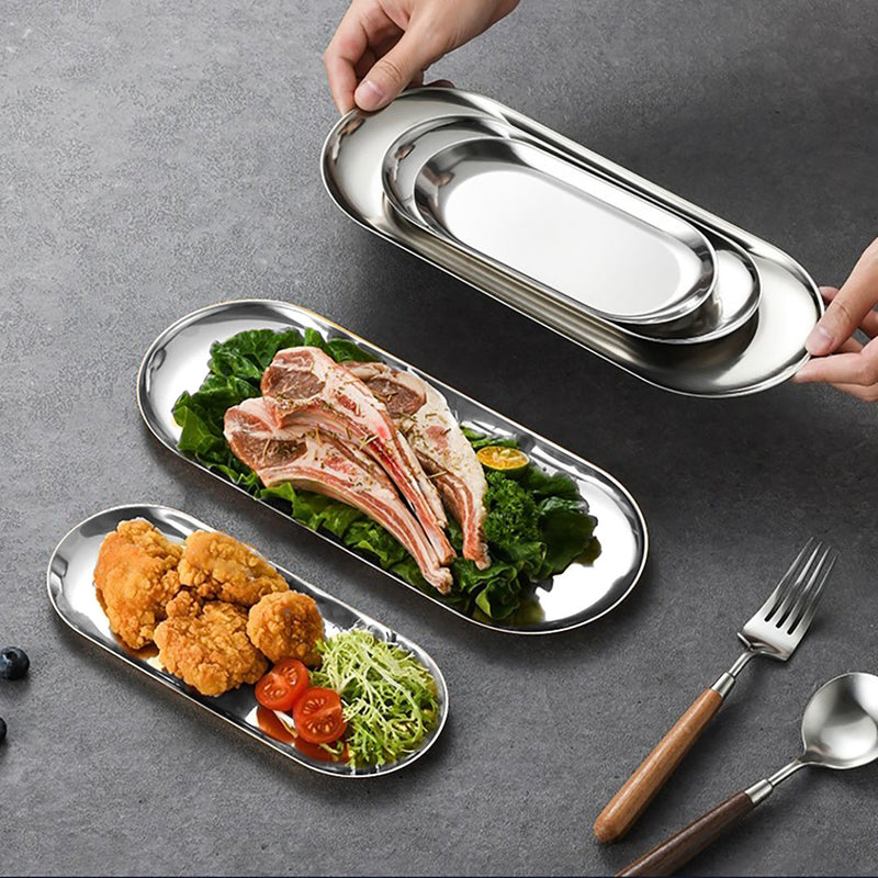 Oval Stainless Steel Plate Set 3 Pieces Small Medium Large Silver Nordic
