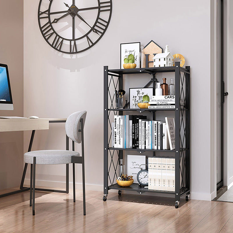 2X 4 Tier Black Carbon Steel Kitchen Cart Foldable Shelves With Wheels