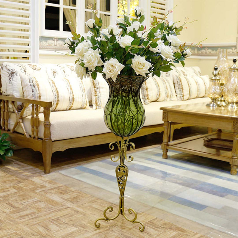 85cm Blue Glass Metal Floor Vase 12pcs White Silk Flowers Home Decor