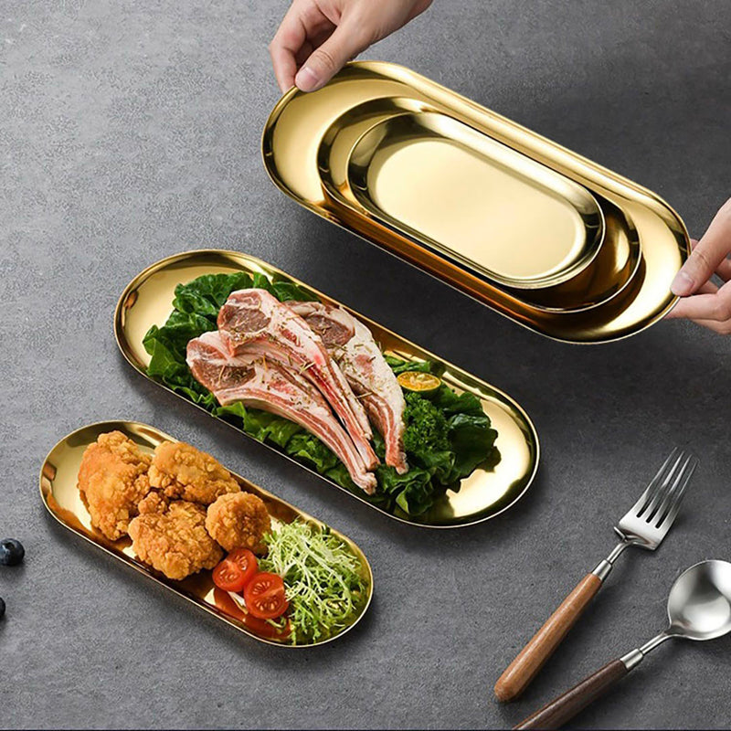 Oval Stainless Steel Plate Set 3 Pieces Small Medium Large Gold Nordic