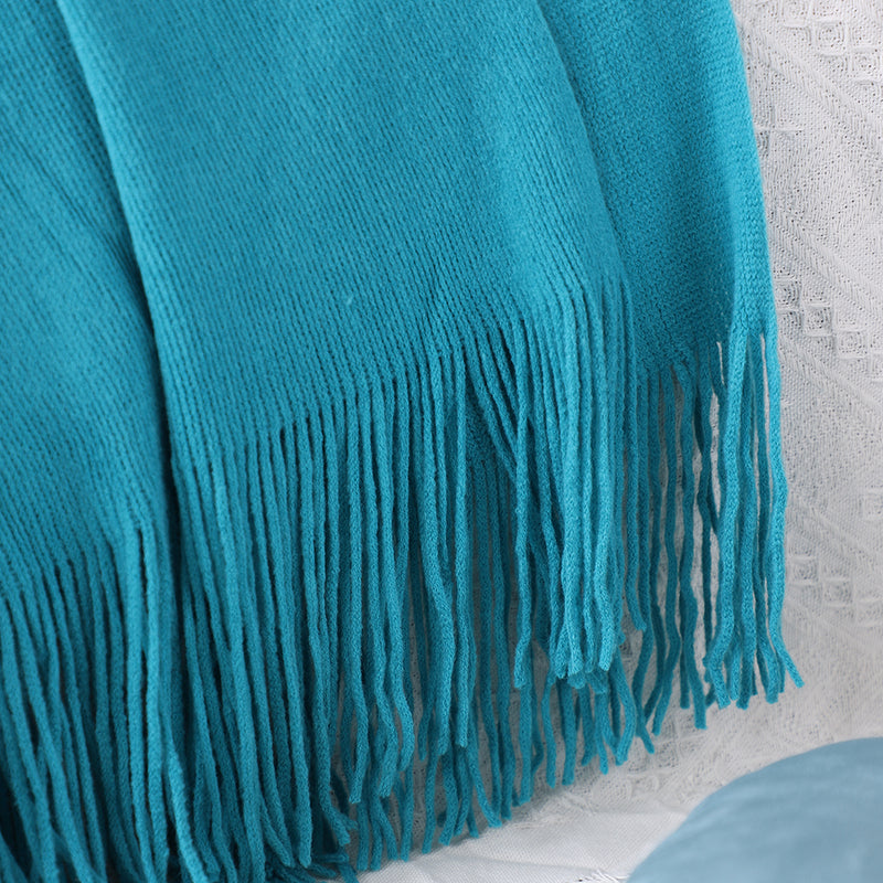 Blue 100% Acrylic Knitted Throw Blanket 130cmx220cm Fringed Cozy