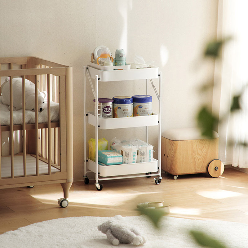 3 Tier White Foldable Steel Kitchen Cart Portable Storage Shelves With Wheels