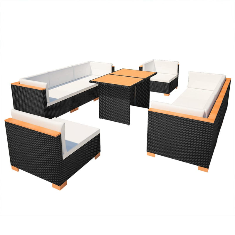 vidaXL 10 Piece Garden Lounge Set with Cushions Poly Rattan Black