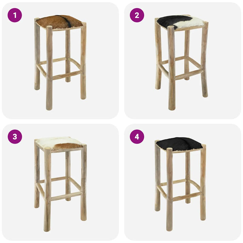 vidaXL Bar Stool Goatskin Leather and Solid Teak Wood