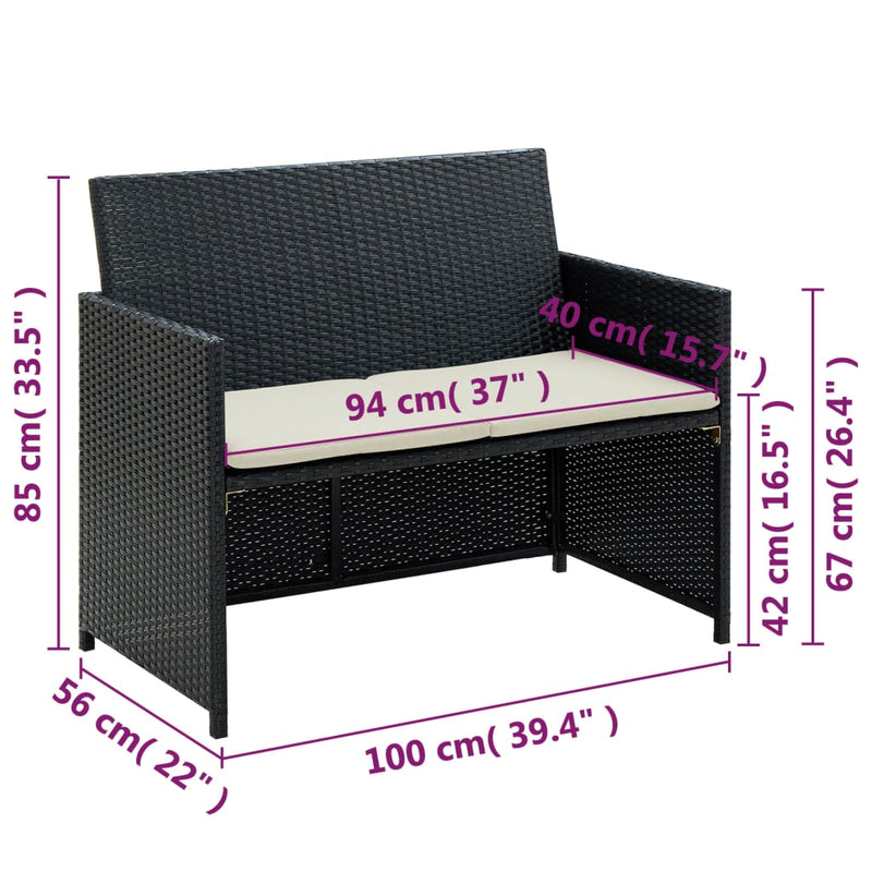 vidaXL 2 Seater Garden Sofa with Cushions Black Poly Rattan