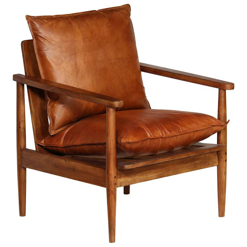 vidaXL Armchair Brown Real Leather with Acacia Wood