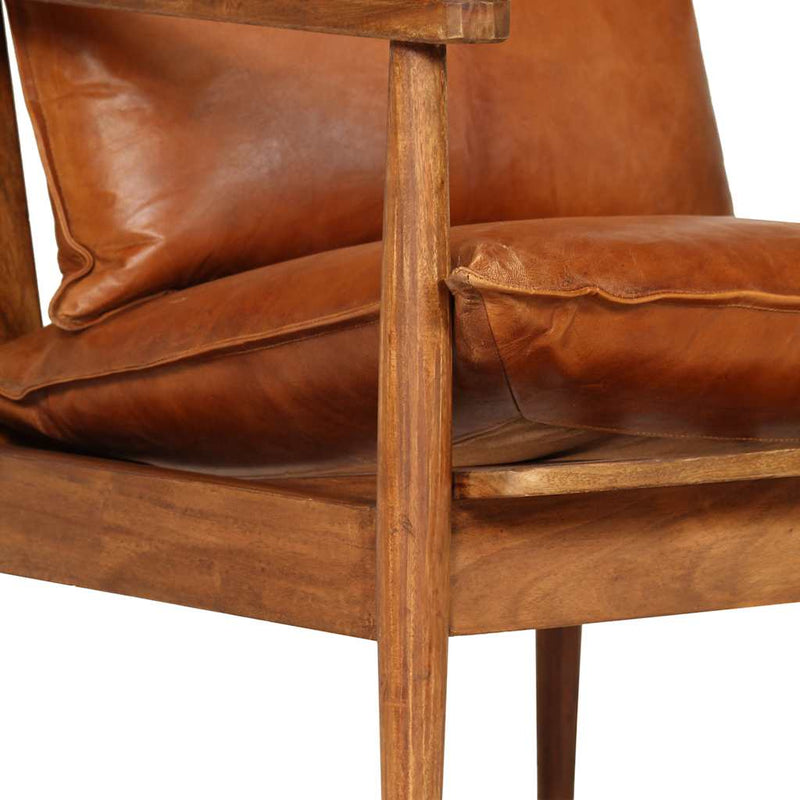 vidaXL Armchair Brown Real Leather with Acacia Wood