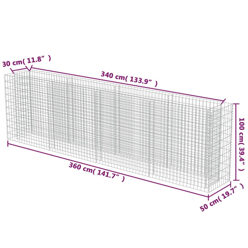 vidaXL Gabion Raised Bed Galvanised Steel 360x50x100 cm