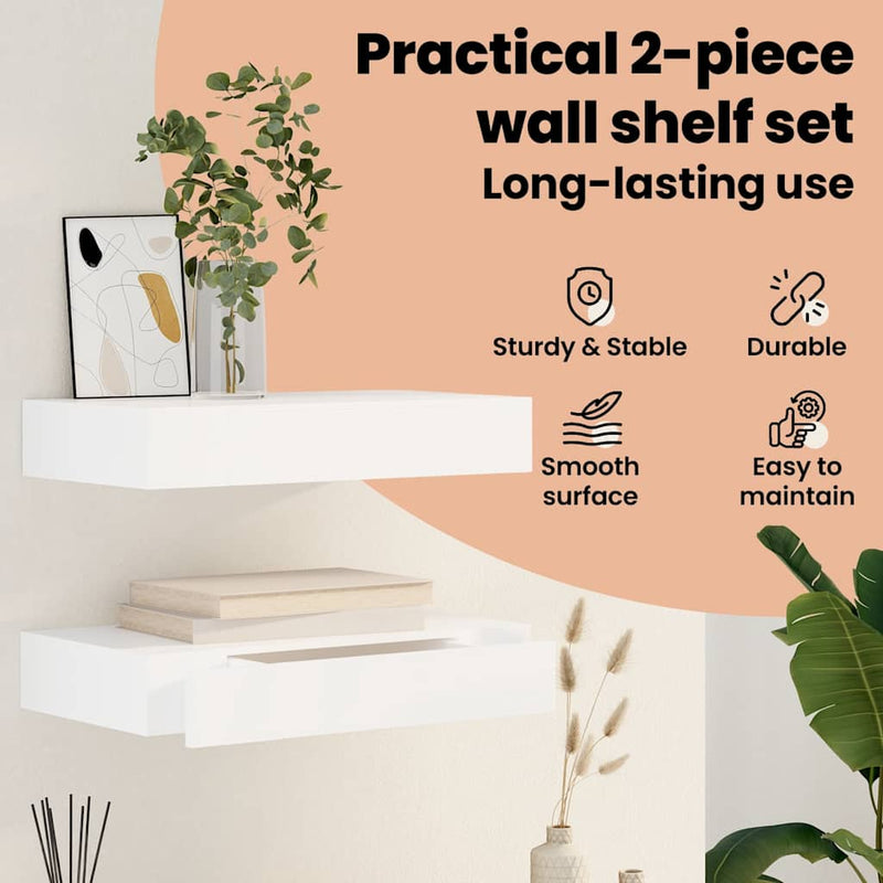vidaXL Floating Wall Shelves with Drawers 2 pcs White 48 cm