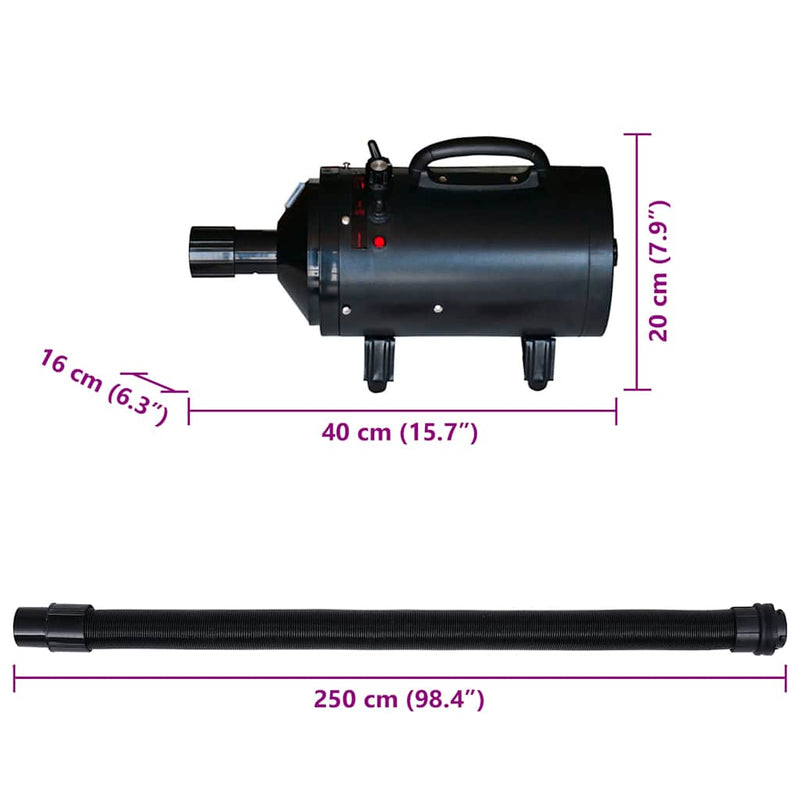 vidaXL Dog Hair Dryer with 3 Nozzles Black 2400 W