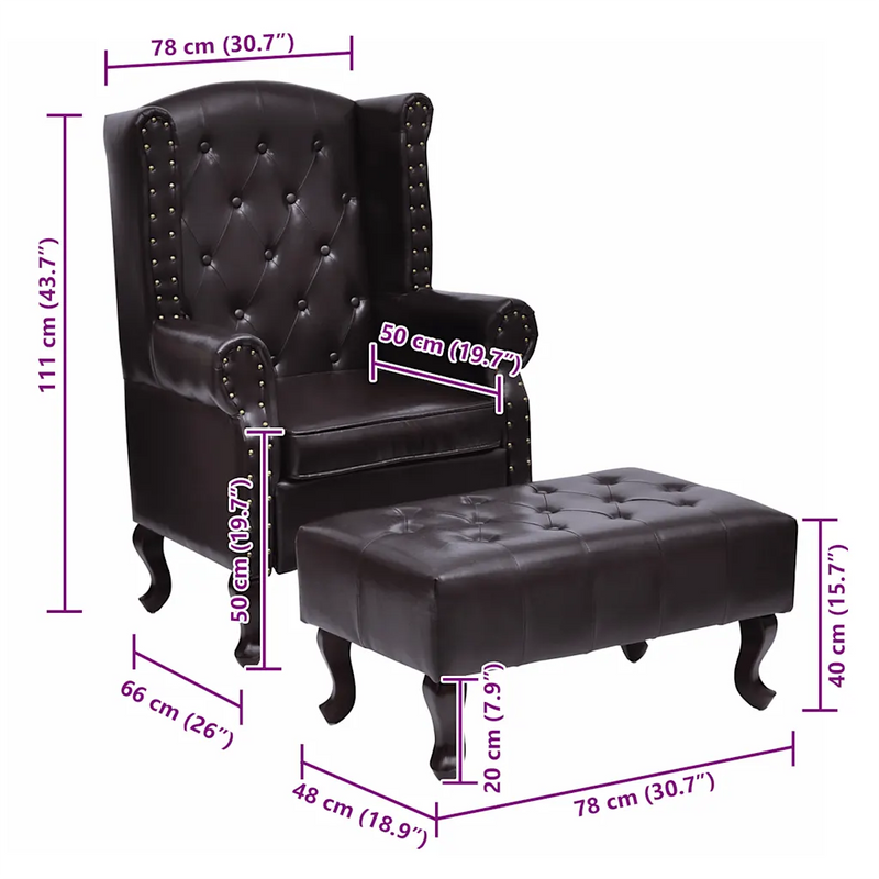 Armchair with Footstool Dark Brown Faux Leather