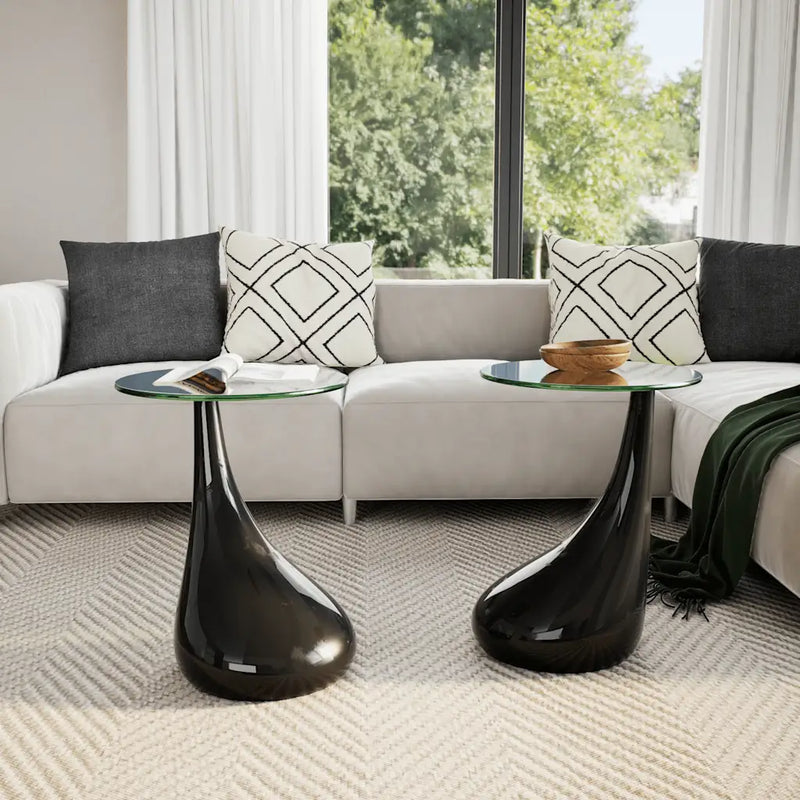 Coffee Table 2 pcs with Round Glass Top High Gloss Black