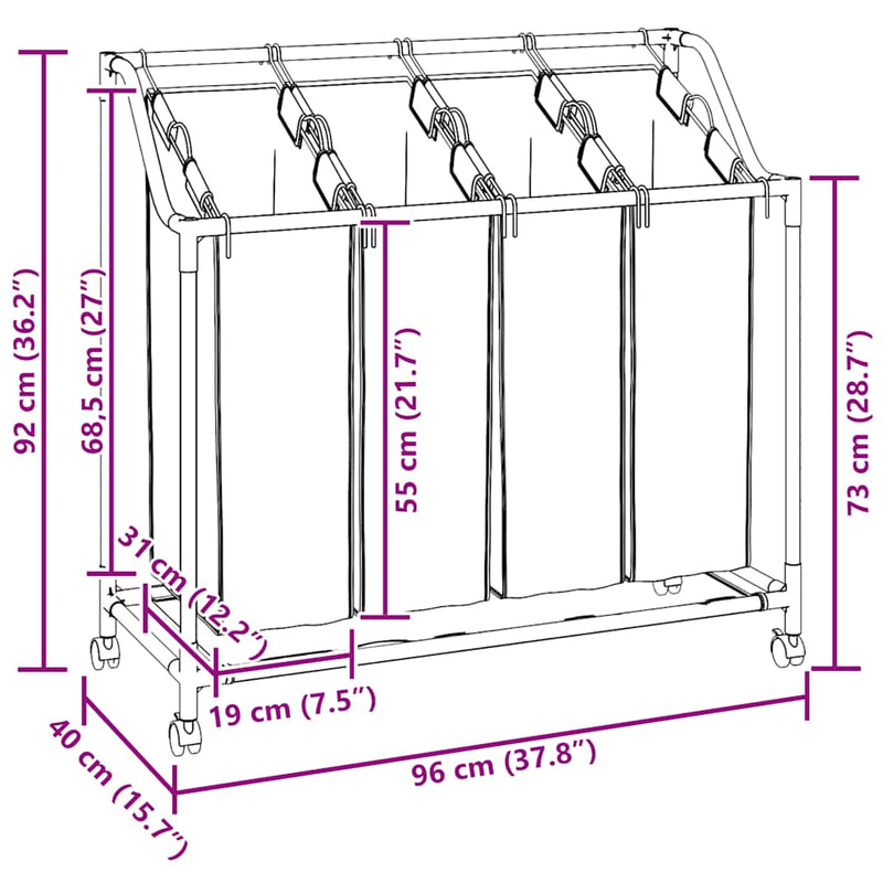 Laundry sorter with 4 bags black grey