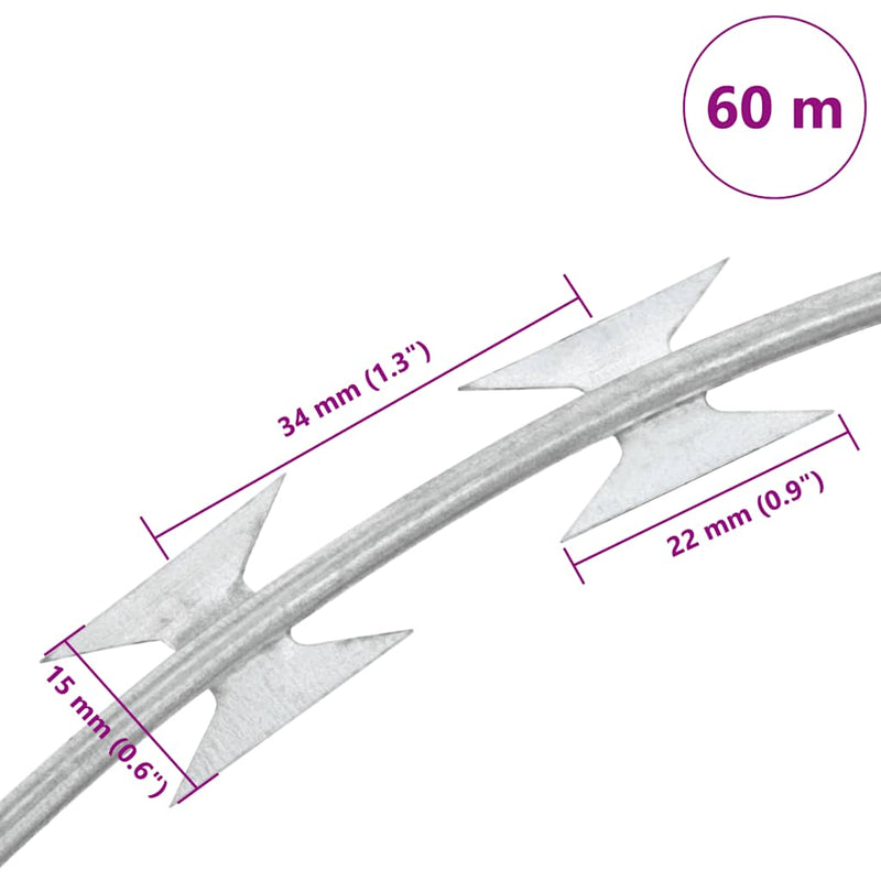 vidaXL Razor Wire Helical Wire Roll Galvanised Steel 60 m