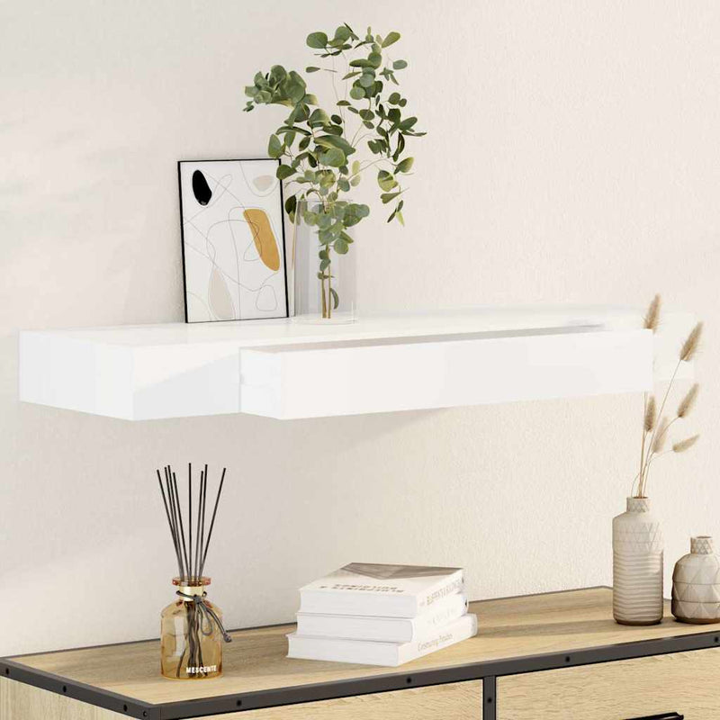 White MDF Floating Wall Display Shelf 1 Drawer Book/DVD Storage