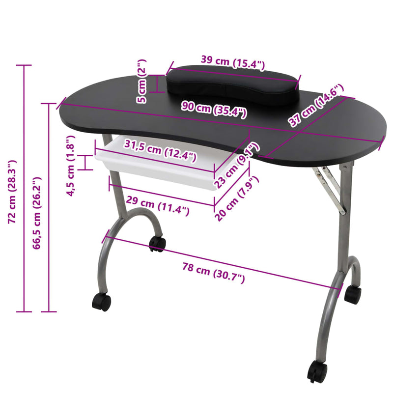 vidaXL Folding Manicure Nail Table with Castors Black
