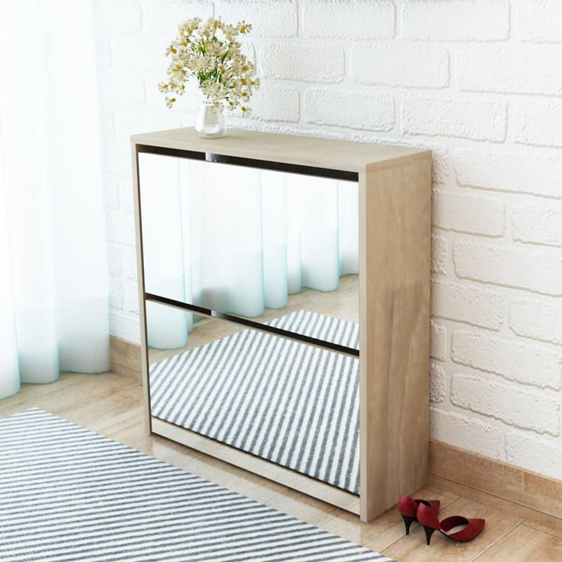 Shoe Cabinet 2-Layer Mirror Oak 63x17x67 cm