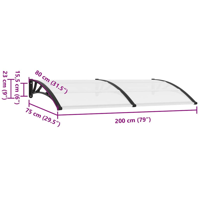 vidaXL Door Canopy Black and Transparent 200x75 cm PC