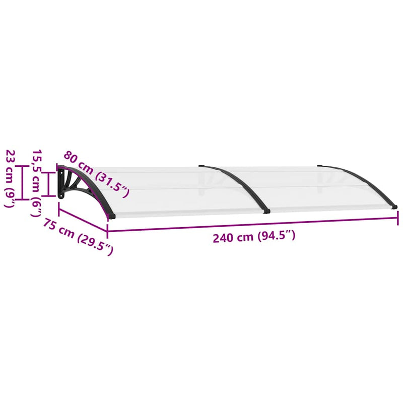 vidaXL Door Canopy Black and Transparent 240x75 cm PC