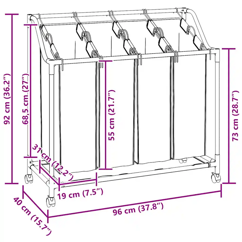 Laundry Sorter with 4 Bags Cream Steel