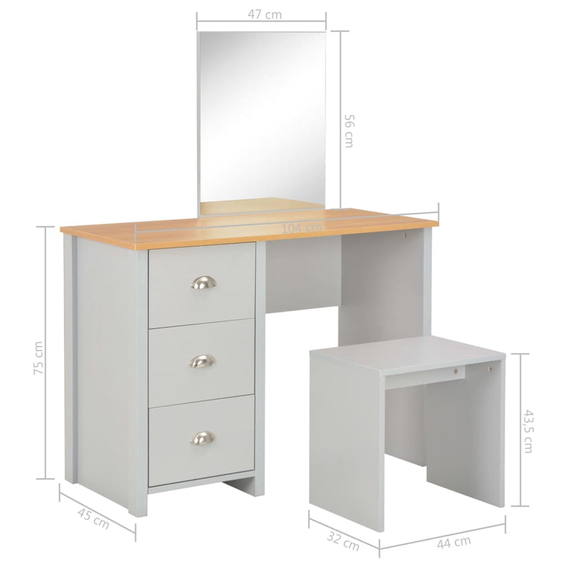 vidaXL Dressing Table with Mirror and Stool Grey 104x45x131 cm