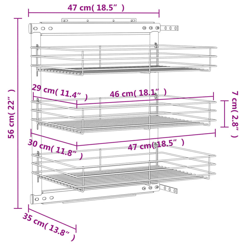 vidaXL 3-Tier Pull-out Kitchen Wire Basket Silver 47x35x56 cm