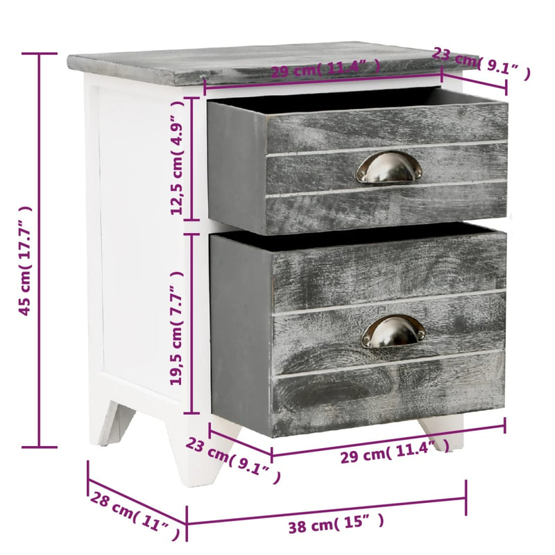 vidaXL Nightstand Grey and White 38x28x45 cm Paulownia Wood