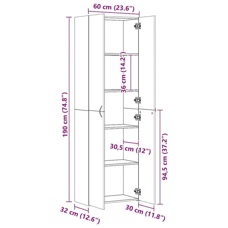 Office Cabinet White 60x32x190 cm Engineered Wood