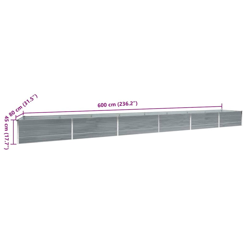 vidaXL Garden Raised Bed Galvanised Steel 600x80x45 cm Grey